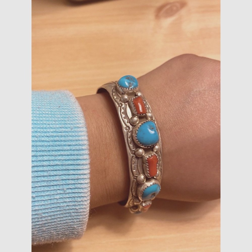 Navajo Artist WB Sterling Silver Turquoise And Coral Cuff Bracelet